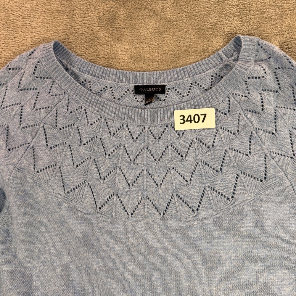 Talbots Sweater Dress Womens L Blue Pointelle Chevron Knit Long Sleeve Cotton